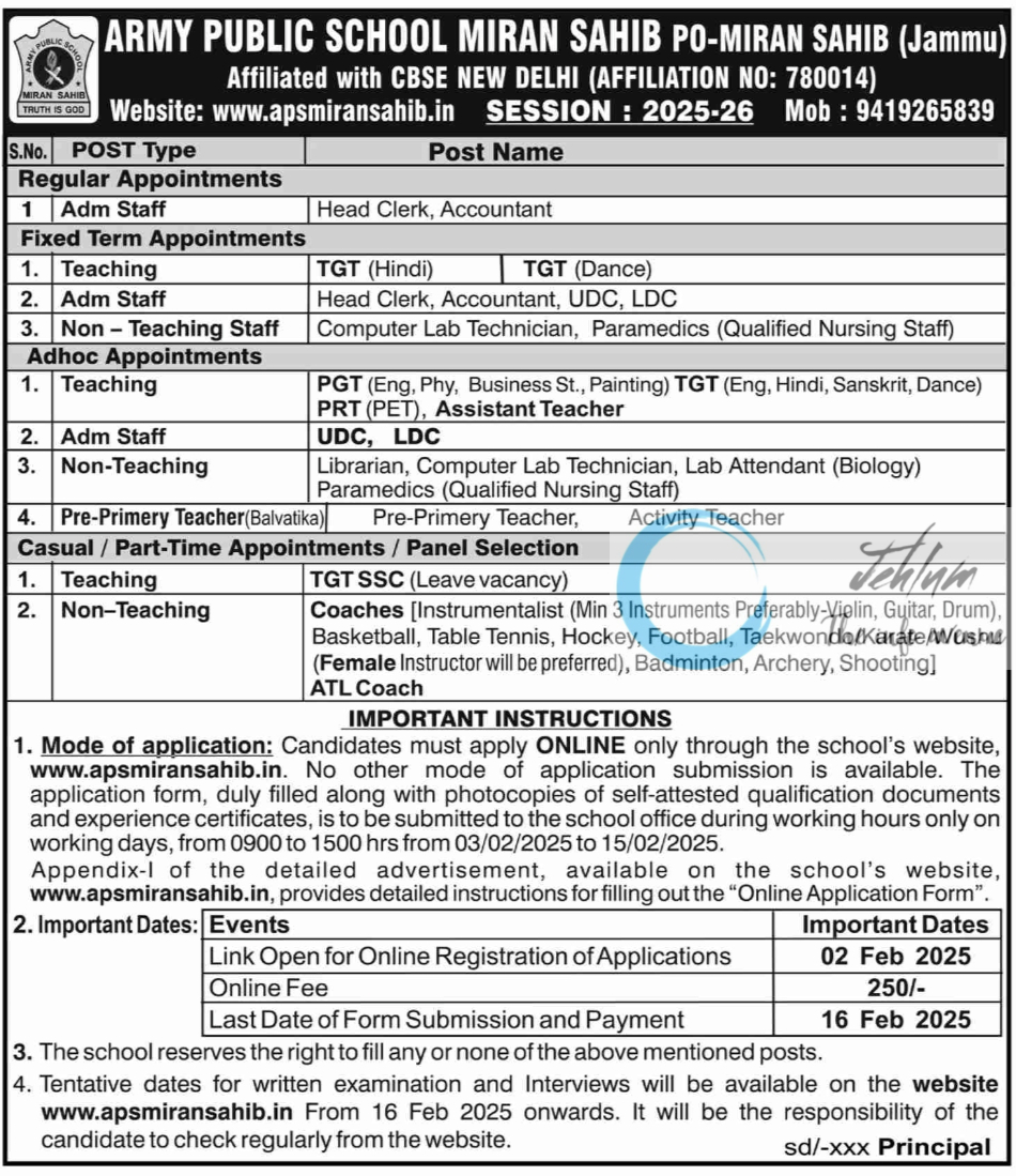 ARMY PUBLIC SCHOOL MIRAN SAHIB JOBS OPENINGS 2025