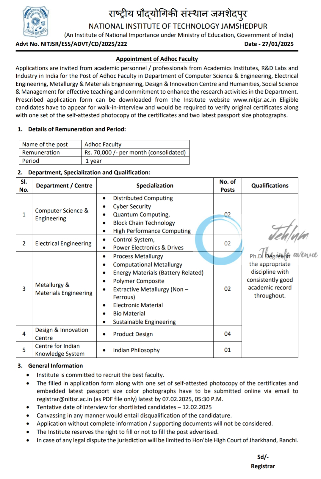 NIT JAMSHEDPUR RECRUITMENT ADVT NO NITJSR/ESS/ADVT/CD/2025/222