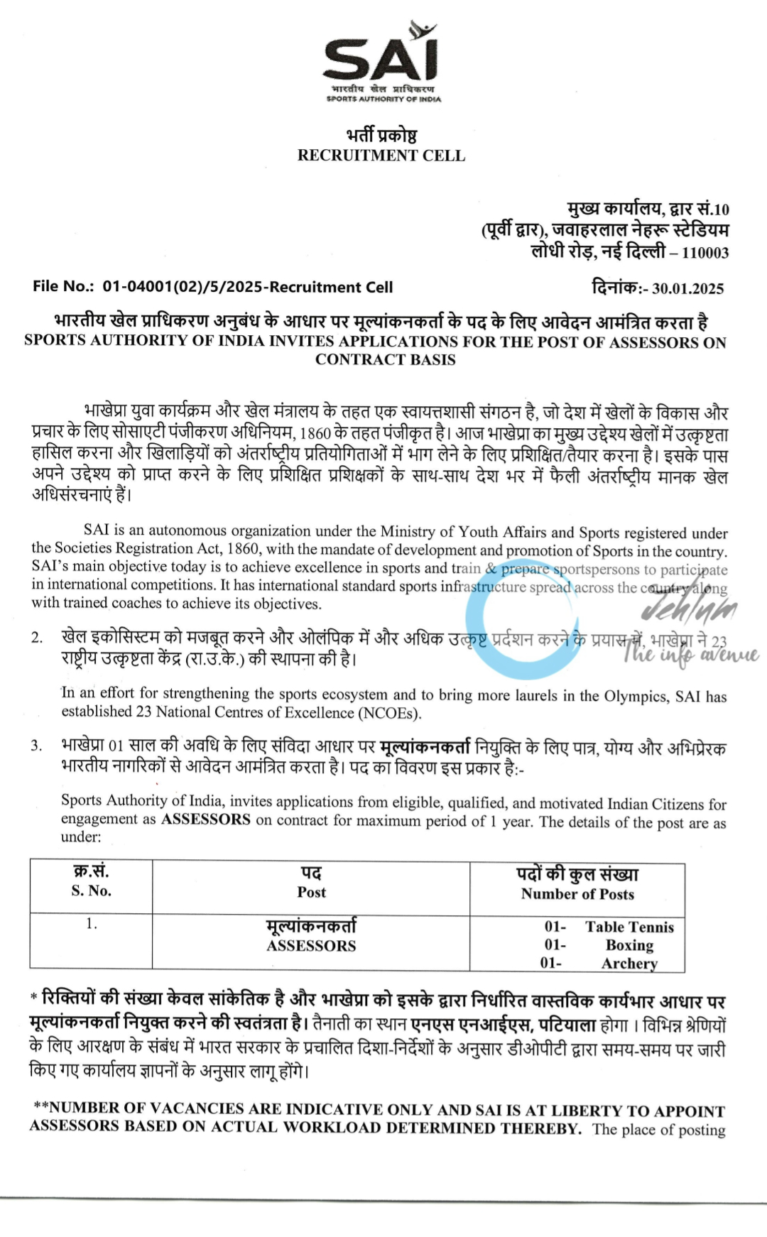 SPORTS AUTHORITY OF INDIA SAI ASSESSORS RECRUITMENT ADVT NO 01-04001-02/5/2025-Recruitment Cell