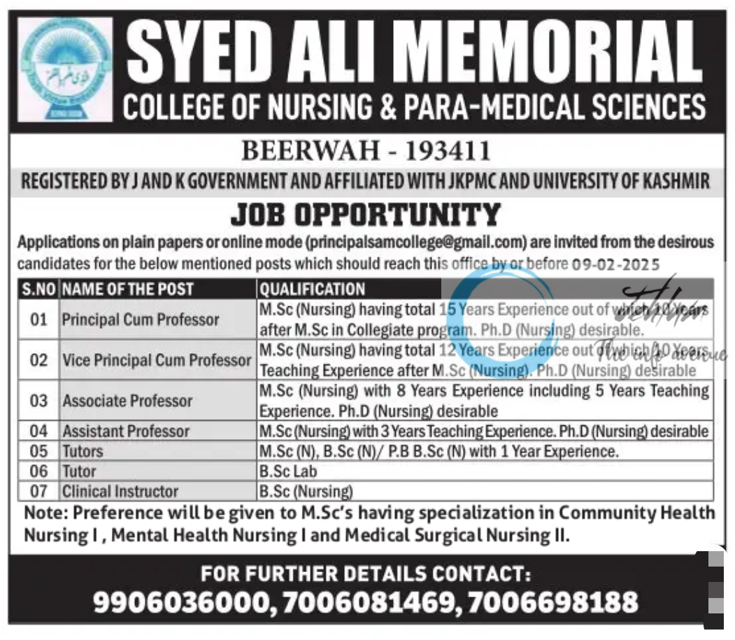 SYED ALI MEMORIAL COLLEGE OF NURSING & PARA-MEDICAL SCIENCES BEERWAH JOBS OPPORTUNITY 2025