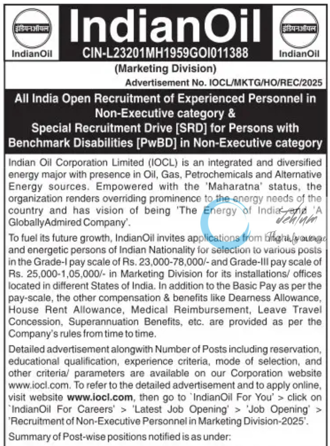 Indian Oil IOCL Non-Executive Recruitment Advertisement No IOCL/MKTG/HO/REC/2025