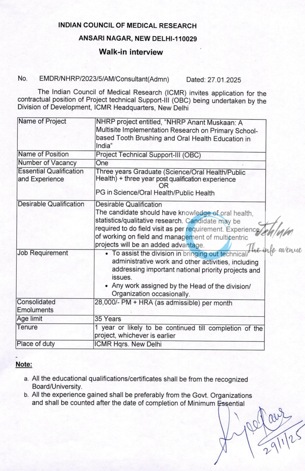 ICMR Project Technical Support-III Recruitment Advertisement No EMDR/NHRP/2023/5/AM/Consultant