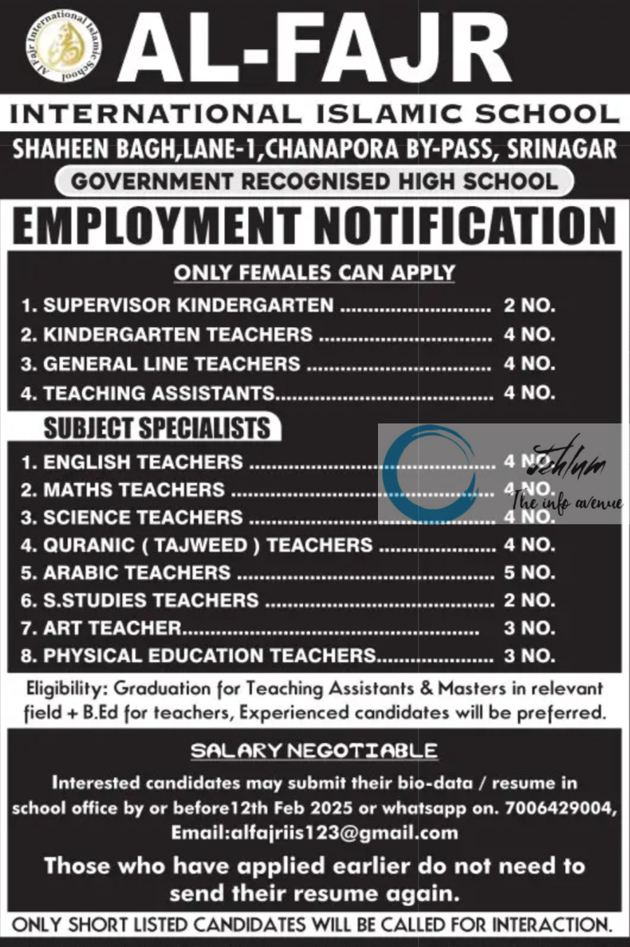 AL-FAJR INTERNATIONAL ISLAMIC SCHOOL SRINAGAR JOBS OPENINGS 2025