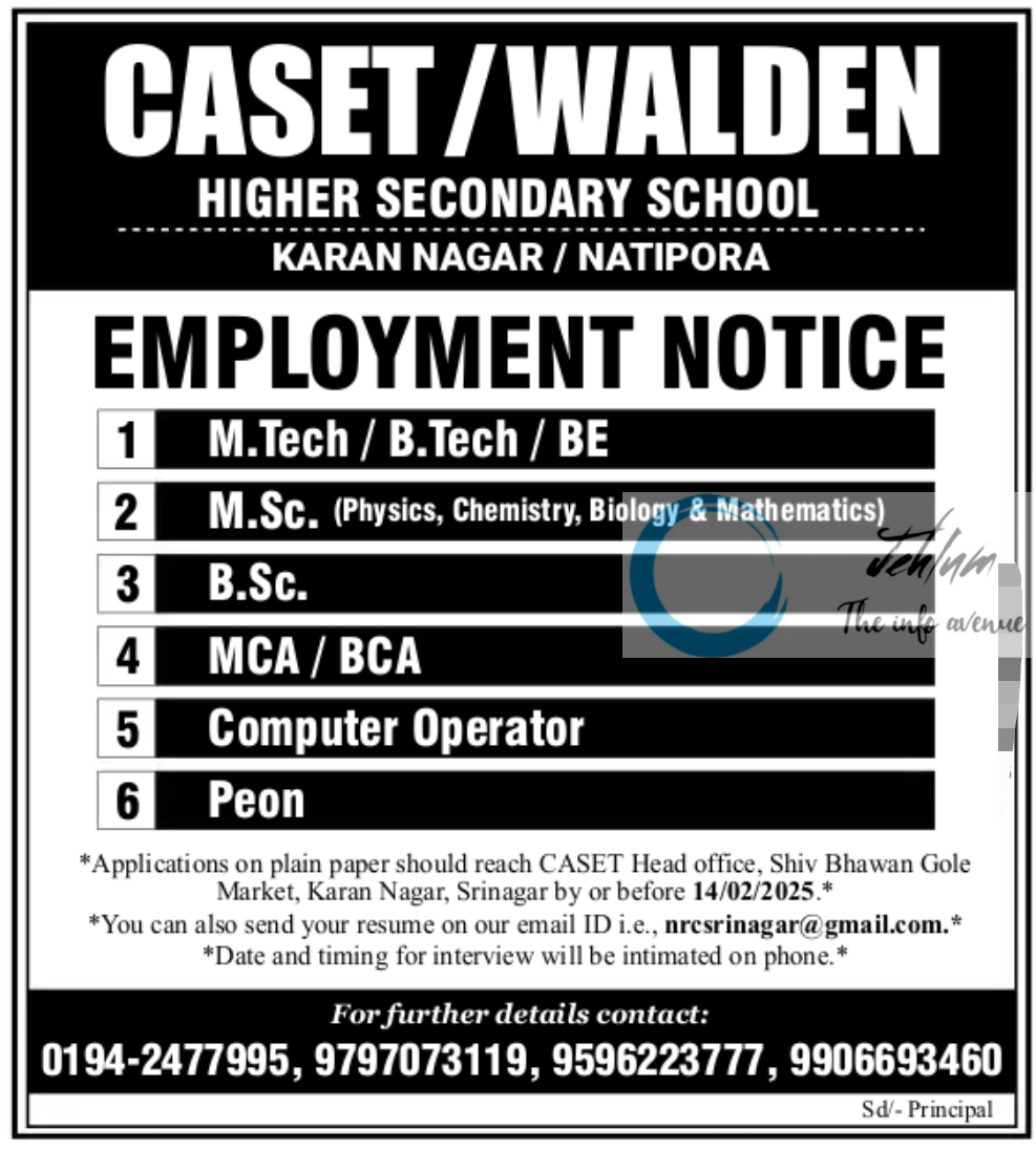 CASET/WALDEN HR SEC SCHOOL SRINAGAR EMPLOYMENT NOTICE 2025