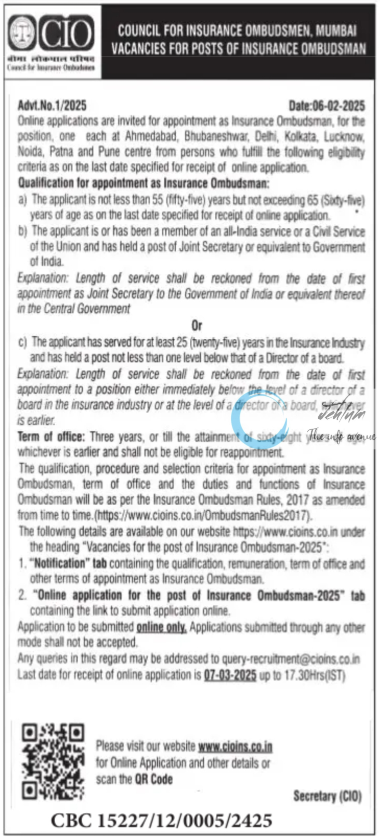 COUNCIL FOR INSURANCE OMBUDSMEN RECRUITMENT ADVT NO 1/2025