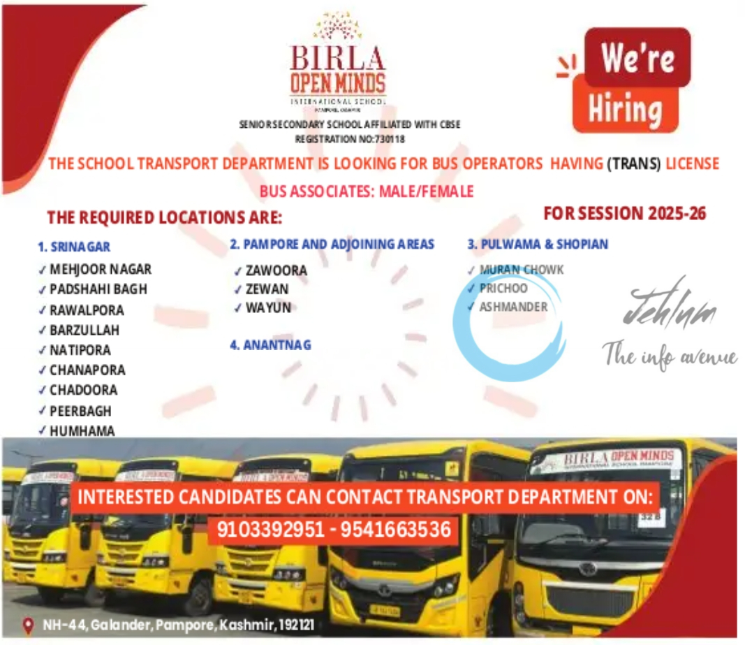 BIRLA OPEN MINDS SCHOOL TRANSPORT OPERATORS JOBS OPENINGS 2025