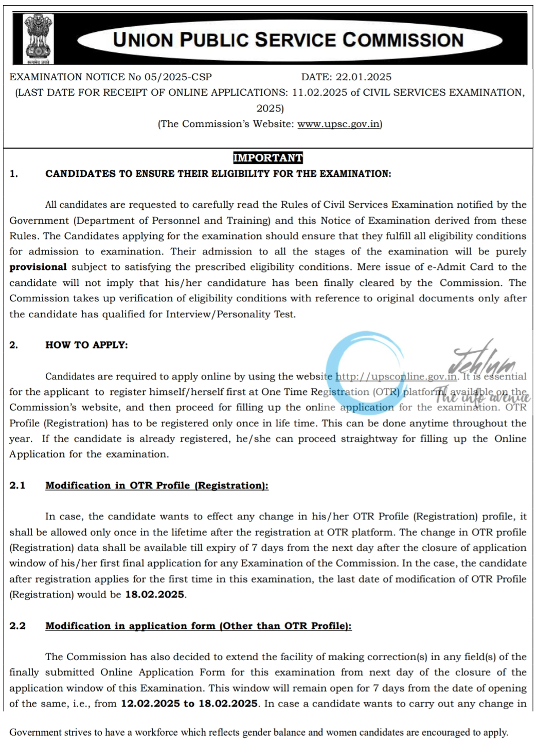 UNION PUBLIC SERVICE COMMISSION UPSC EXAMINATION NOTICE NO 05/2025-CSP