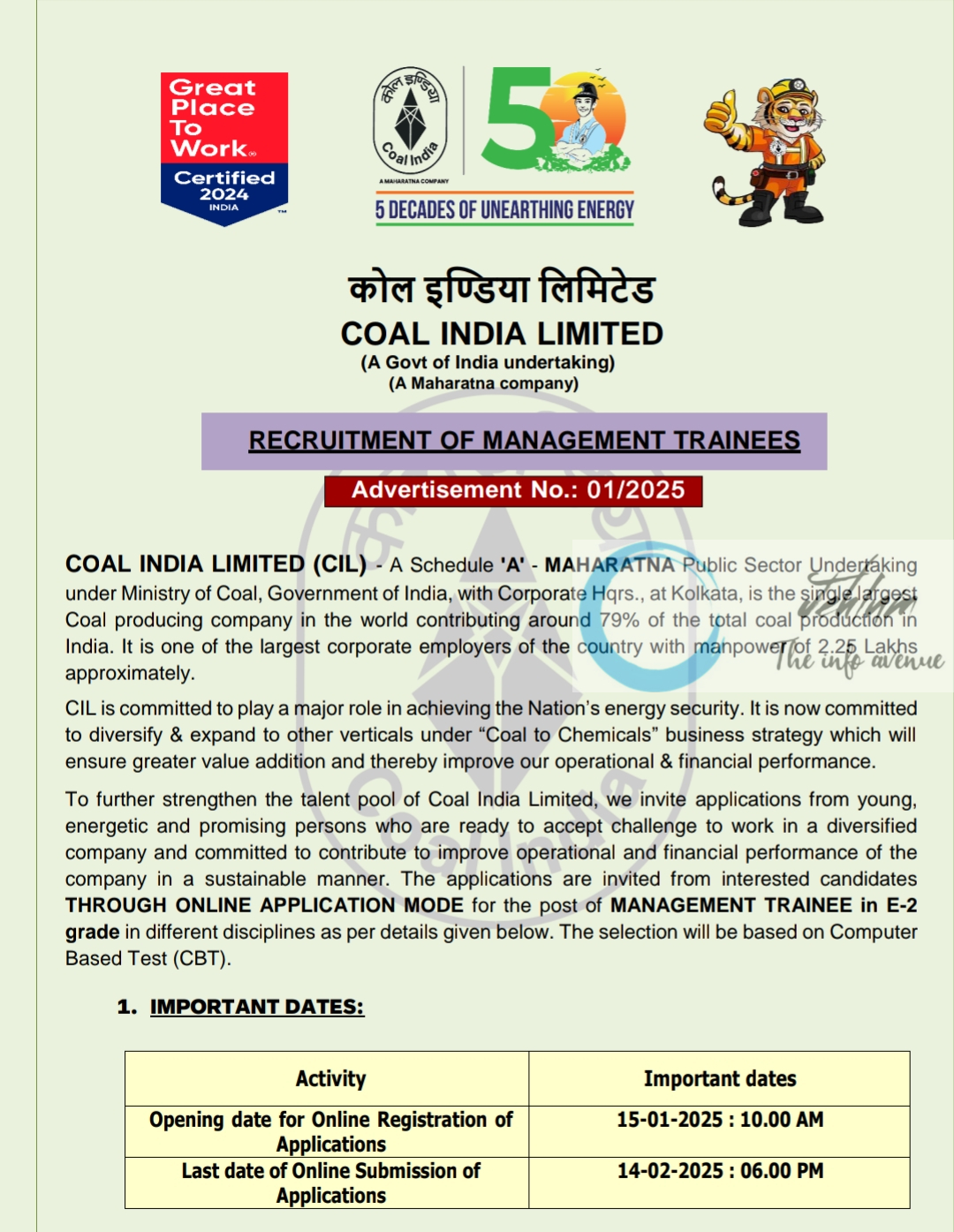 COAL INDIA LIMITED CIL MANAGEMENT TRAINEES RECRUITMENT ADVERTISEMENT NO 01/2025