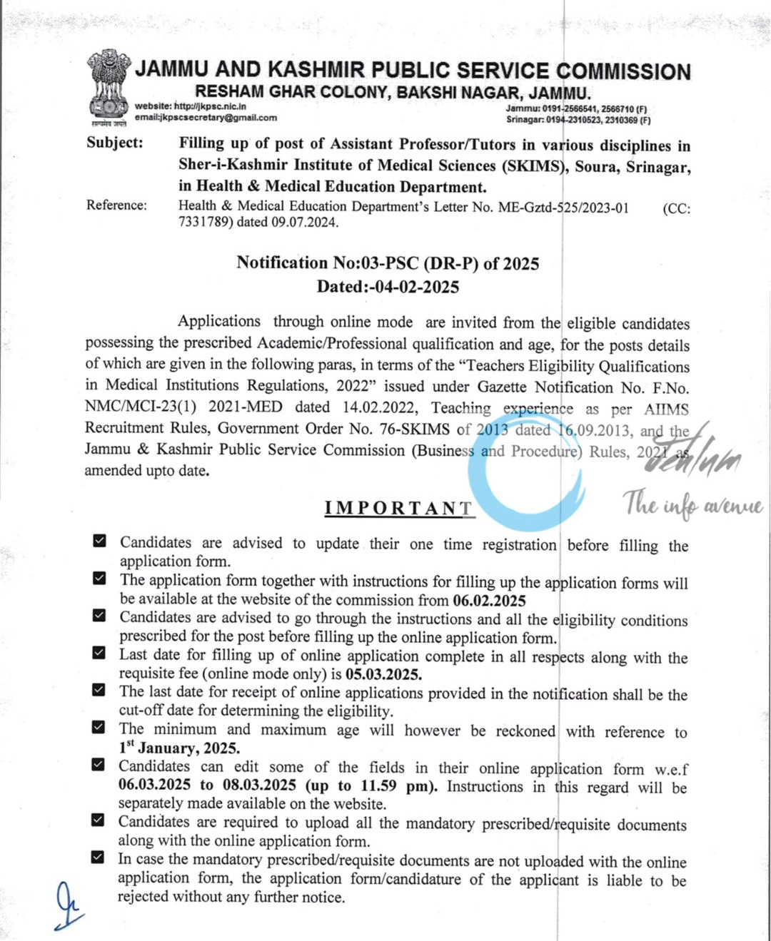 JKPSC ASSISTANT PROFESSOR/TUTORS RECRUITMENT FOR SKIMS SOURA ADVERTISEMENT NOTIFICATION NO 03-PSC DR-P OF 2025