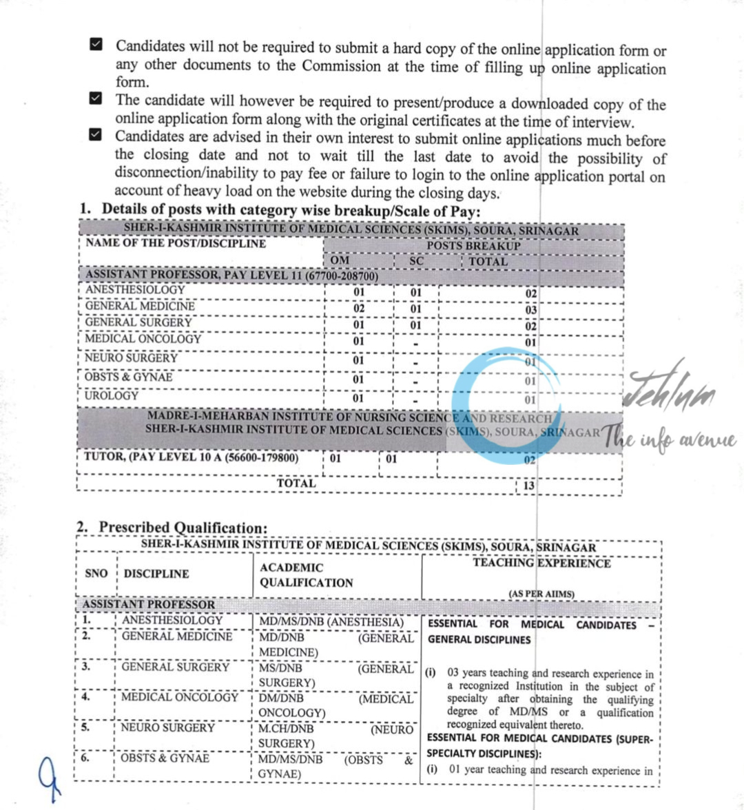 JKPSC ASSISTANT PROFESSOR/TUTORS RECRUITMENT FOR SKIMS SOURA ADVERTISEMENT NOTIFICATION NO 03-PSC DR-P OF 2025