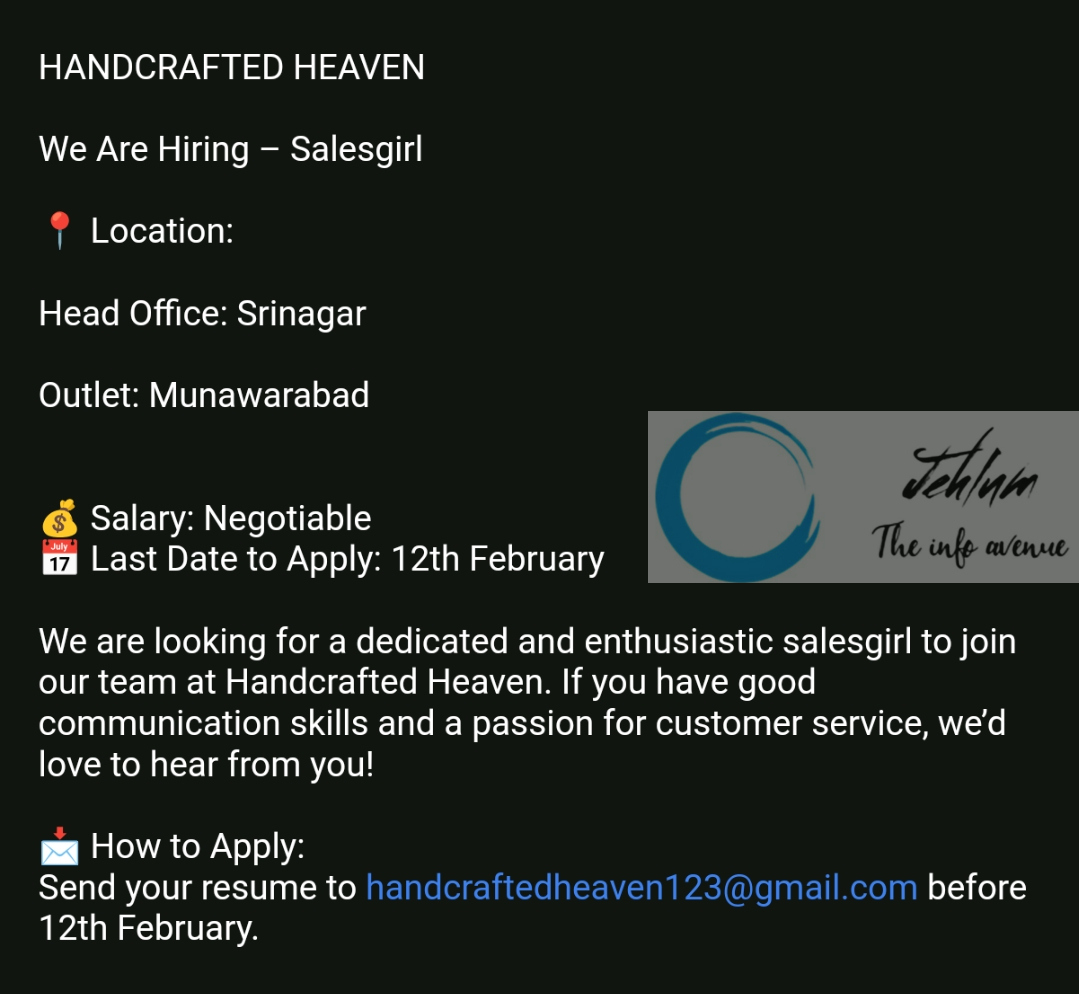 HANDCRAFTED HEAVEN SRINAGAR SALES JOBS OPENINGS 2025