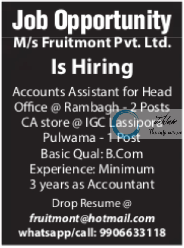 Fruitmont Pvt Ltd Srinagar Jobs Vacancy 2025