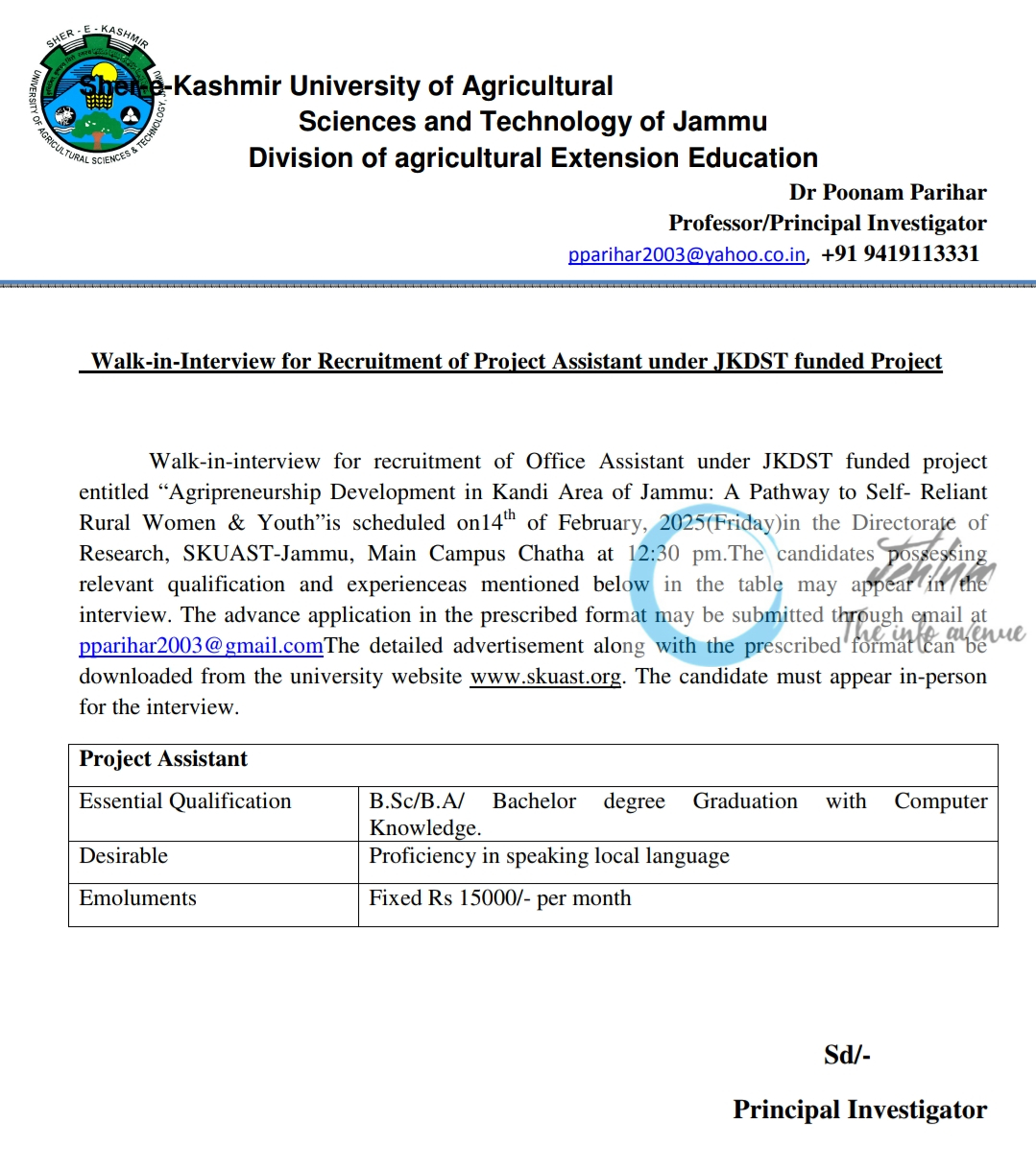 SKUAST Jammu Division of Agricultural Extension Education Project Assistant Walk-in-Interview Advertisement 2025