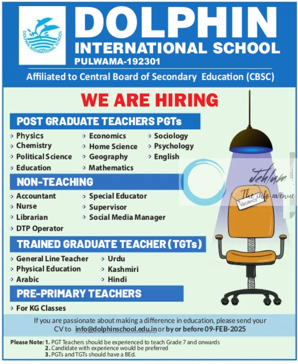 DOLPHIN INTERNATIONAL SCHOOL PULWAMA JOBS OPENINGS 2025