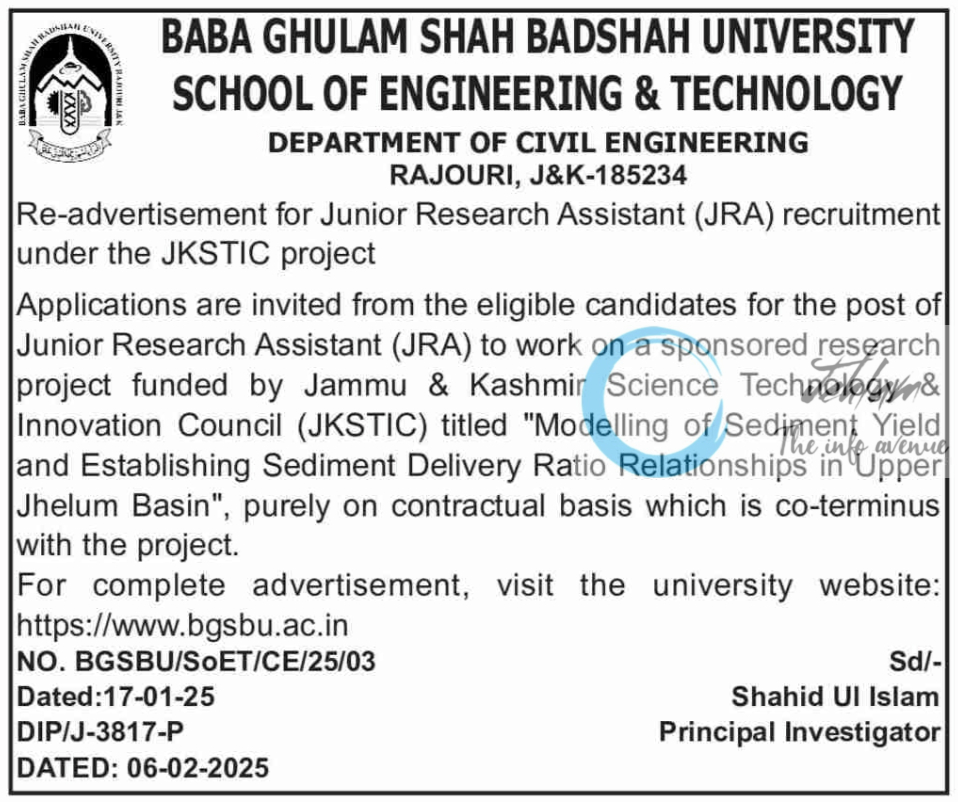 BGSBU RAJOURI DEPTT OF CIVIL ENGINEERING JUNIOR RESEARCH ASSISTANT JRA RECRUITMENT NOTIFICATION NO BGSBU/SOET/CE/25/03