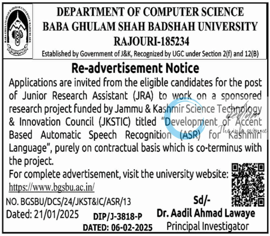 BGSBU RAJOURI DEPARTMENT OF COMPUTER SCIENCE JUNIOR RESEARCH ASSISTANT JRA ADVERTISEMENT NOTICE NO BGSBU/DCS/24/JKST&IC/ASR/13