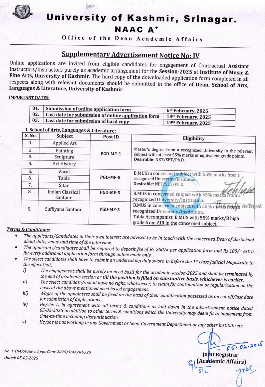 Kashmir University Contractual Assistant Instructors Recruitment Supplementary Advertisement Notice No IV 2025