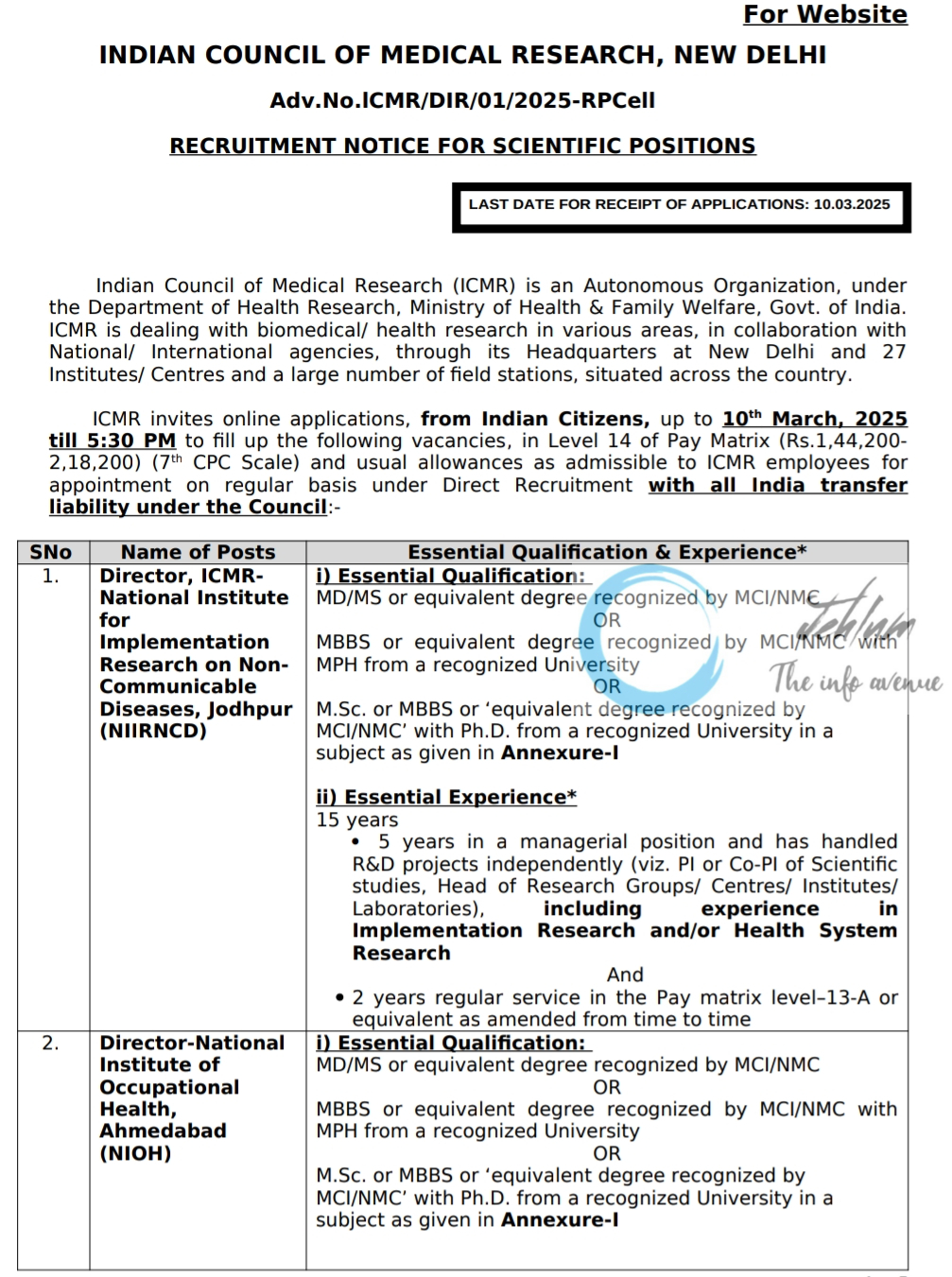 INDIAN COUNCIL OF MEDICAL RESEARCH DIRECTOR SCIENTIFIC POSITIONS RECRUITMENT ADVT NO ICMR/DIR/01/2025-RPCell