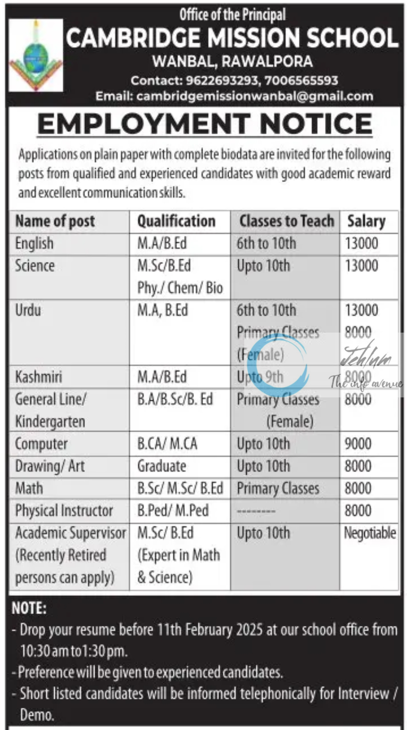 CAMBRIDGE MISSION SCHOOL SRINAGAR EMPLOYMENT NOTICE 2025