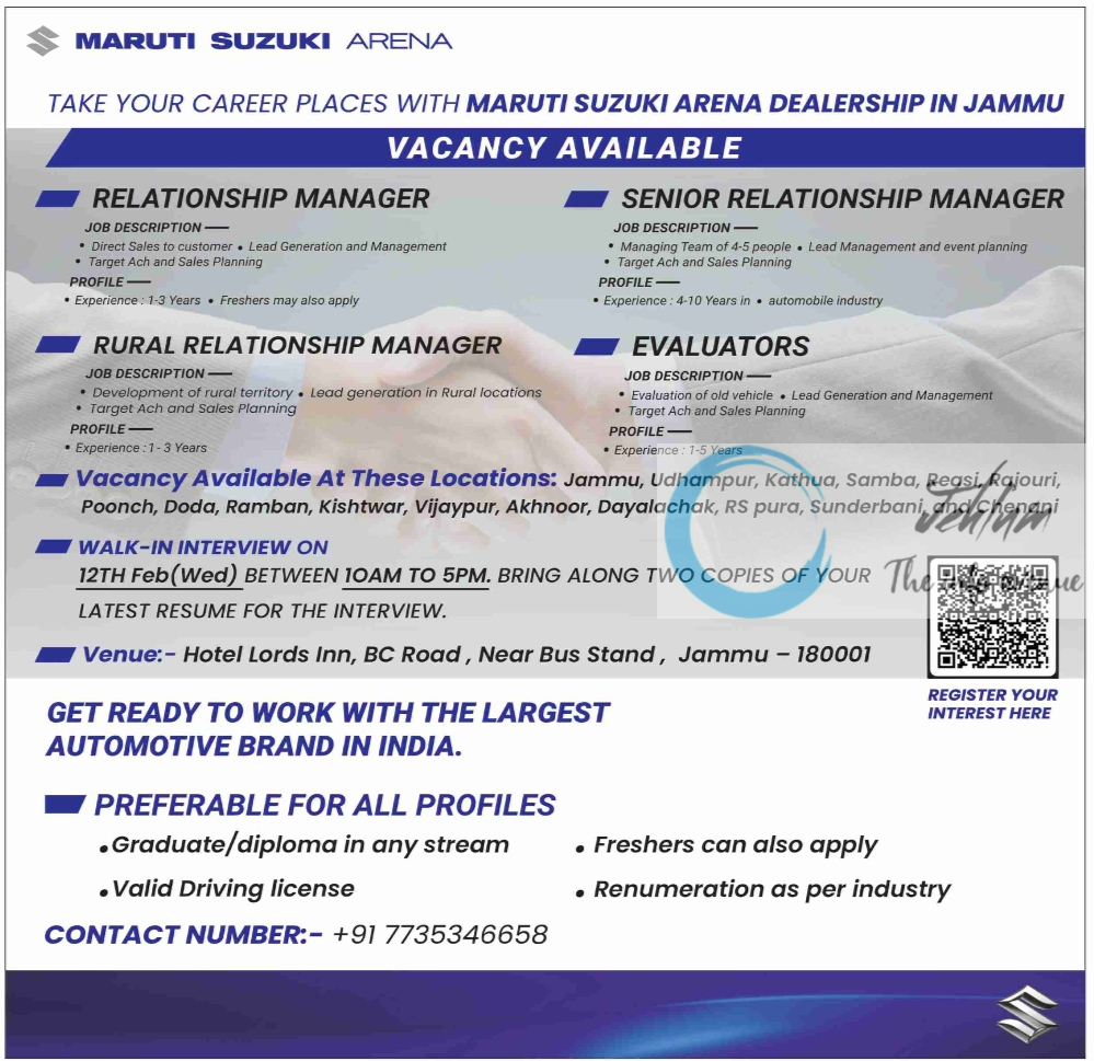 MARUTI SUZUKI ARENA JAMMU JOBS VACANCY 2025