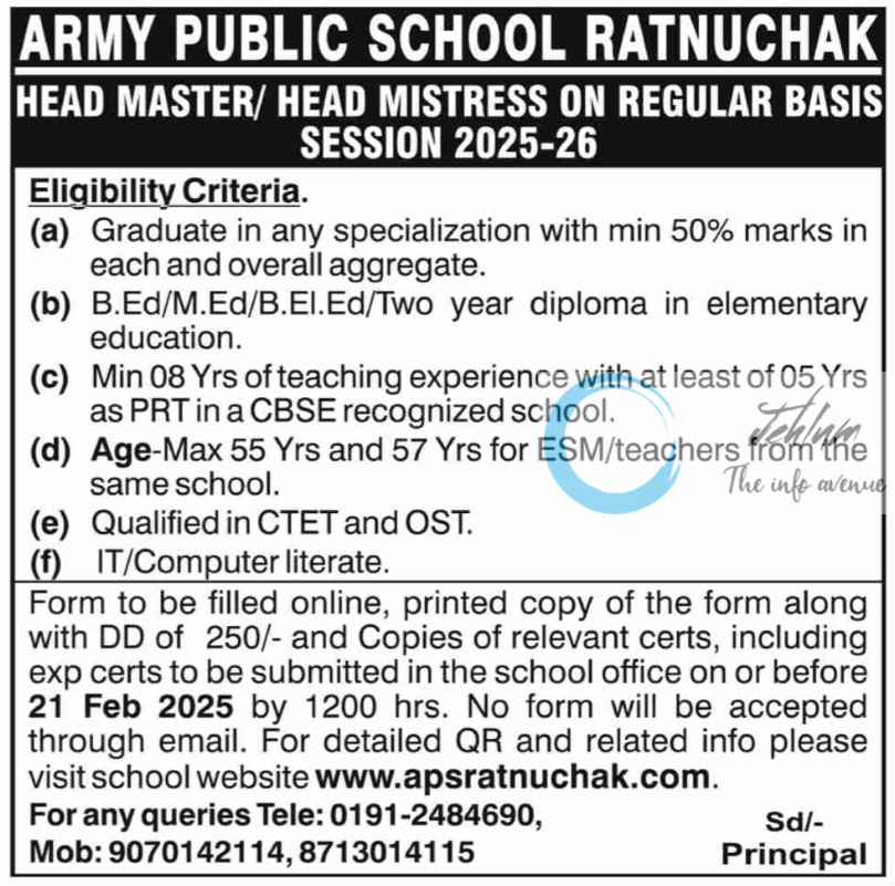 ARMY PUBLIC SCHOOL APS RATNUCHAK HEAD MASTER/ HEAD MISTRESS JOB NOTIFICATION 2025