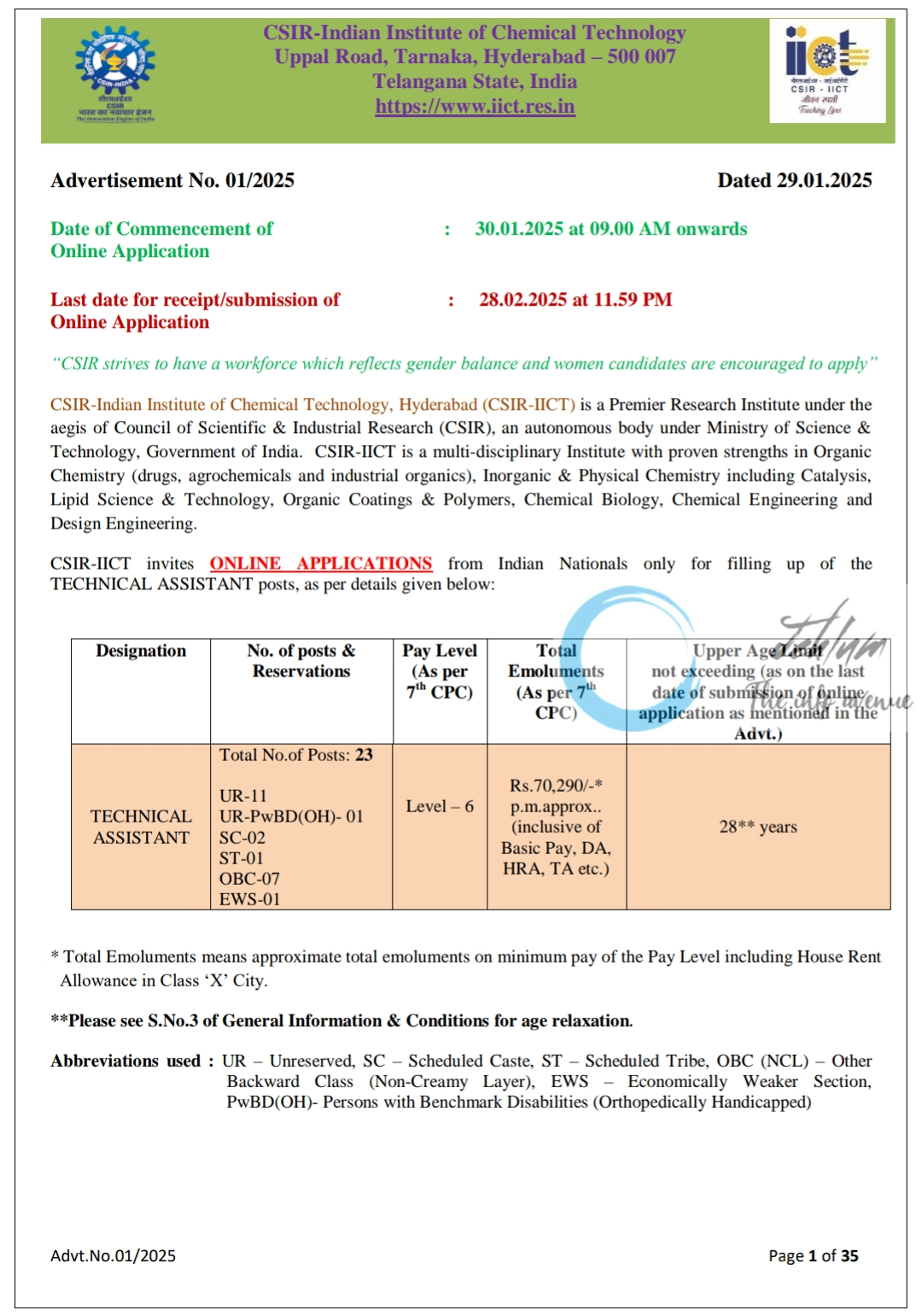 CSIR-Indian Institute of Chemical Technology Technical Assistant Recruitment Advertisement No 01/2025