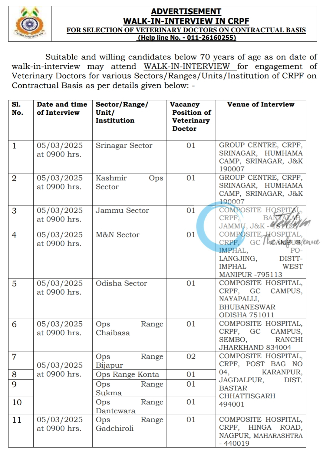 CRPF VETERINARY DOCTORS WALK-IN-INTERVIEW ADVERTISEMENT 2025