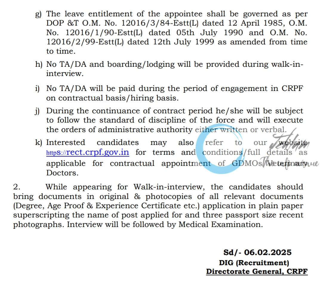 CRPF VETERINARY DOCTORS WALK-IN-INTERVIEW ADVERTISEMENT 2025