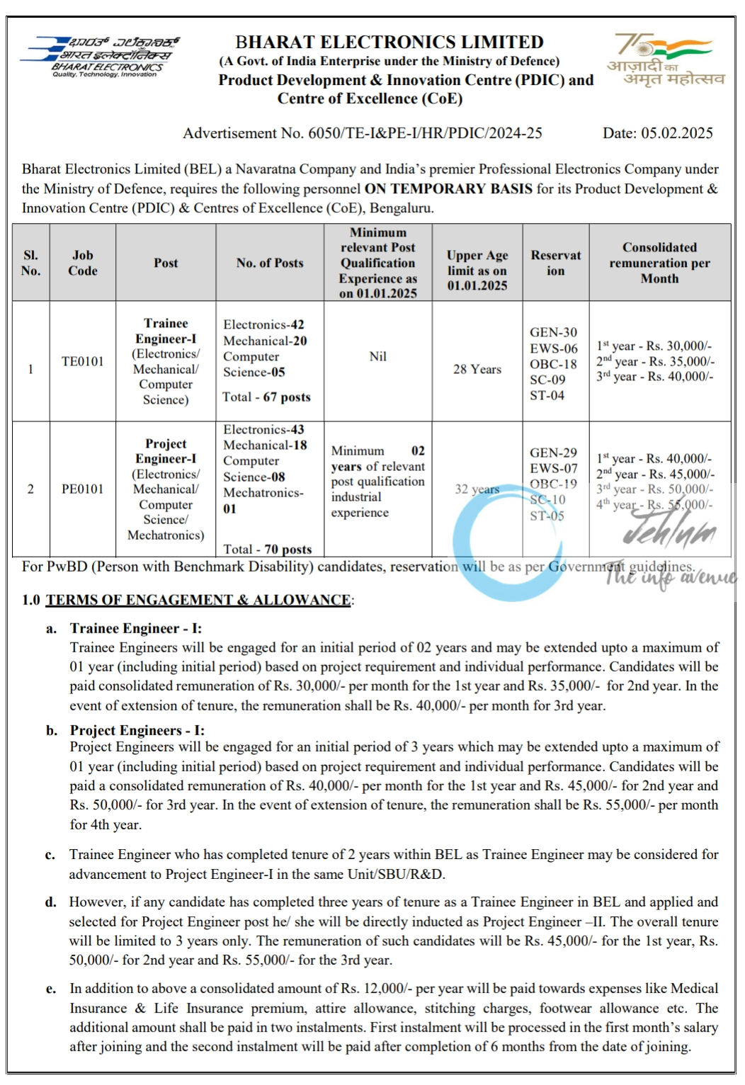 BHARAT ELECTRONICS LIMITED BEL Trainee Engineer/ Project Engineer Recruitment Advertisement No 6050/TE-I&PE-I/HR/PDIC/2024-25