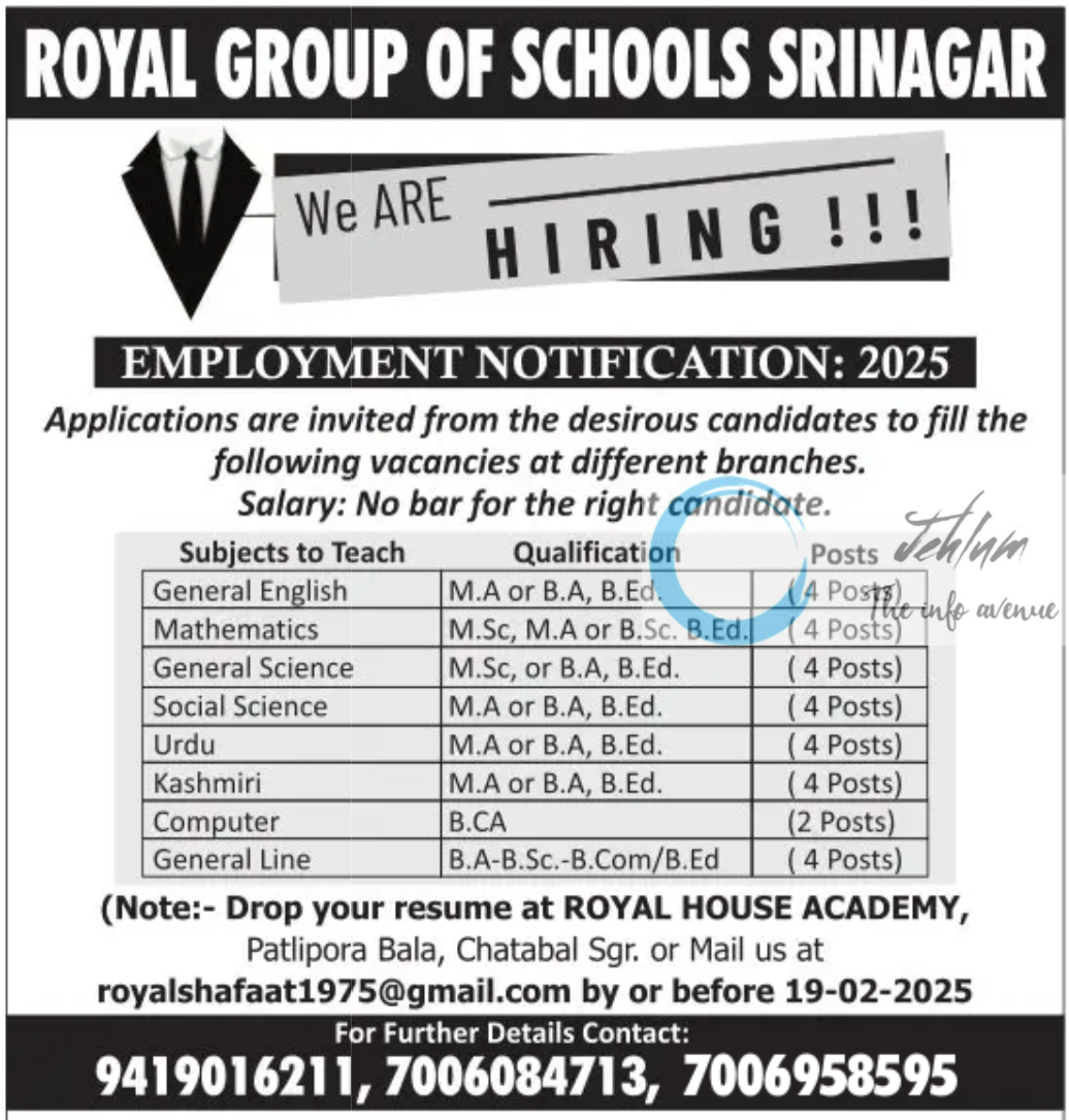 ROYAL GROUP OF SCHOOLS SRINAGAR EMPLOYMENT NOTIFICATION 2025