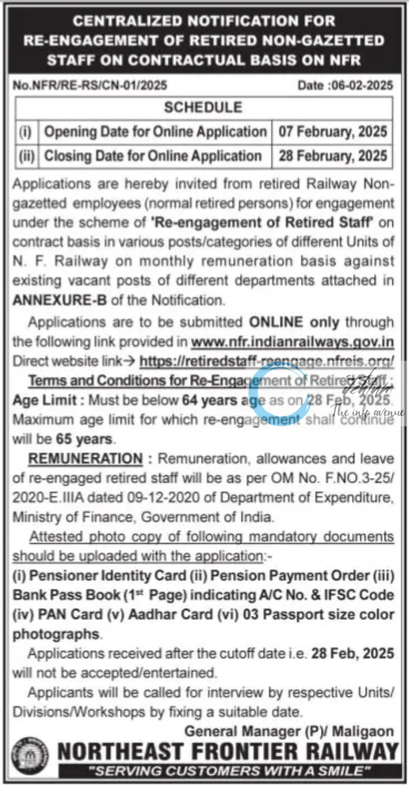 NORTHEAST FRONTIER RAILWAY RE-ENGAGEMENT OF RETIRED NON-GAZETTED STAFF CENTRALIZED NOTIFICATION 2025