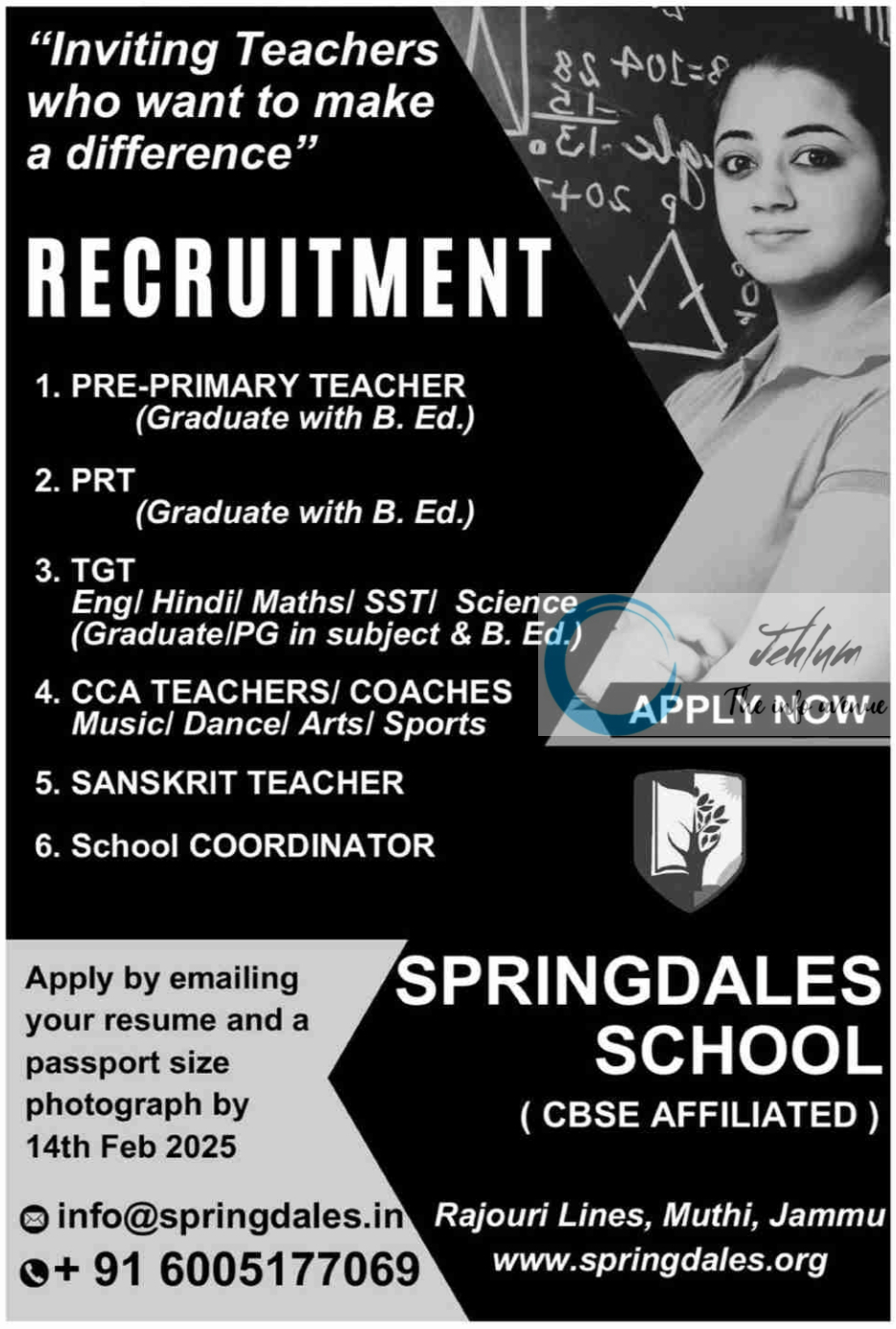 SPRINGDALES SCHOOL JAMMU TEACHING JOBS VACANCY 2025