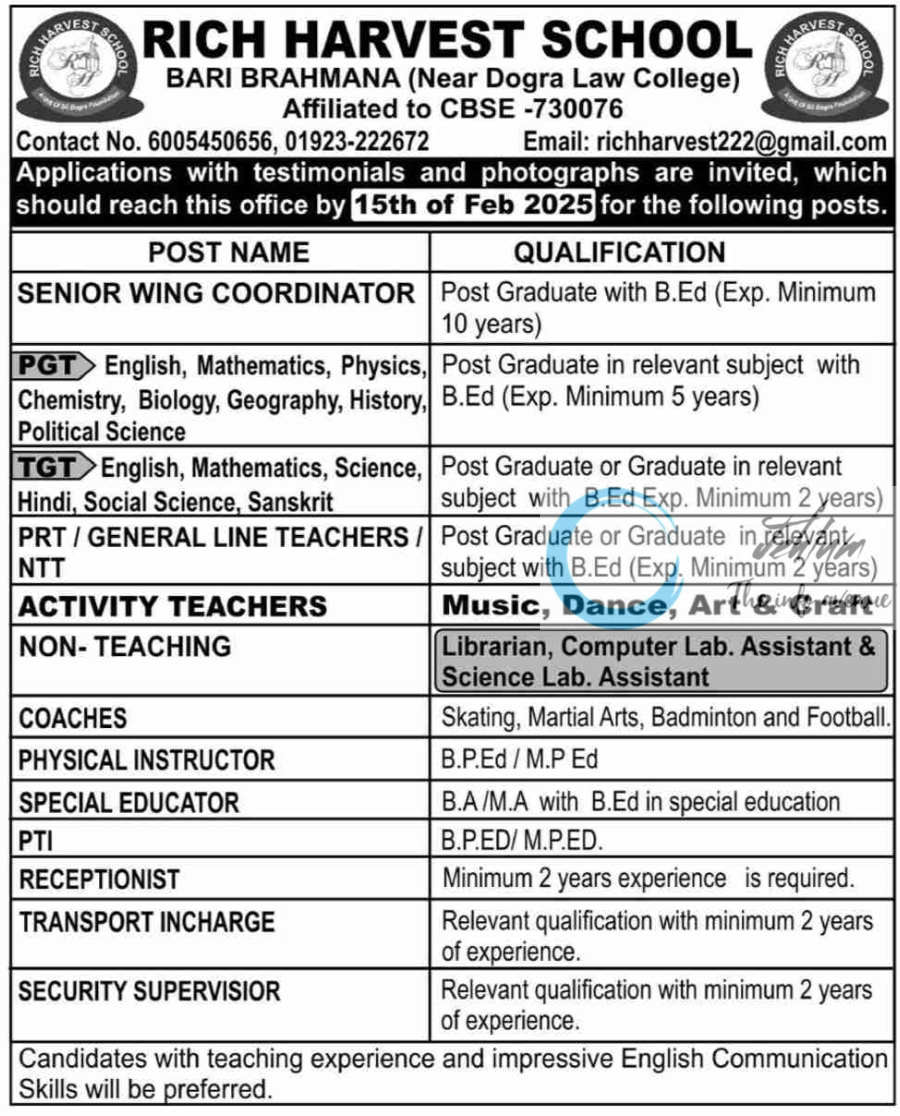 RICH HARVEST SCHOOL JAMMU JOBS OPENINGS 2025