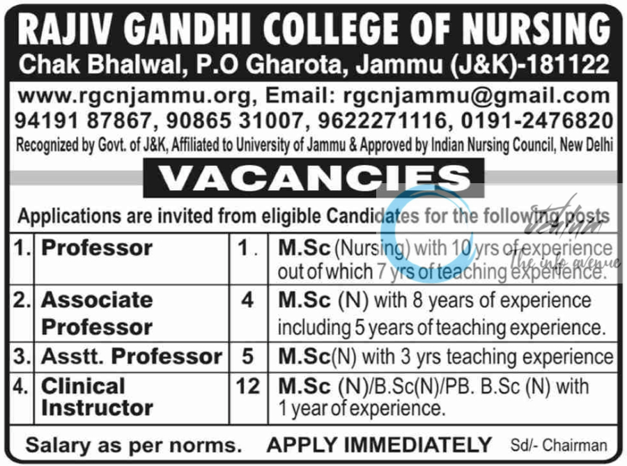 RAJIV GANDHI COLLEGE OF NURSING JAMMU JOBS VACANCY 2025