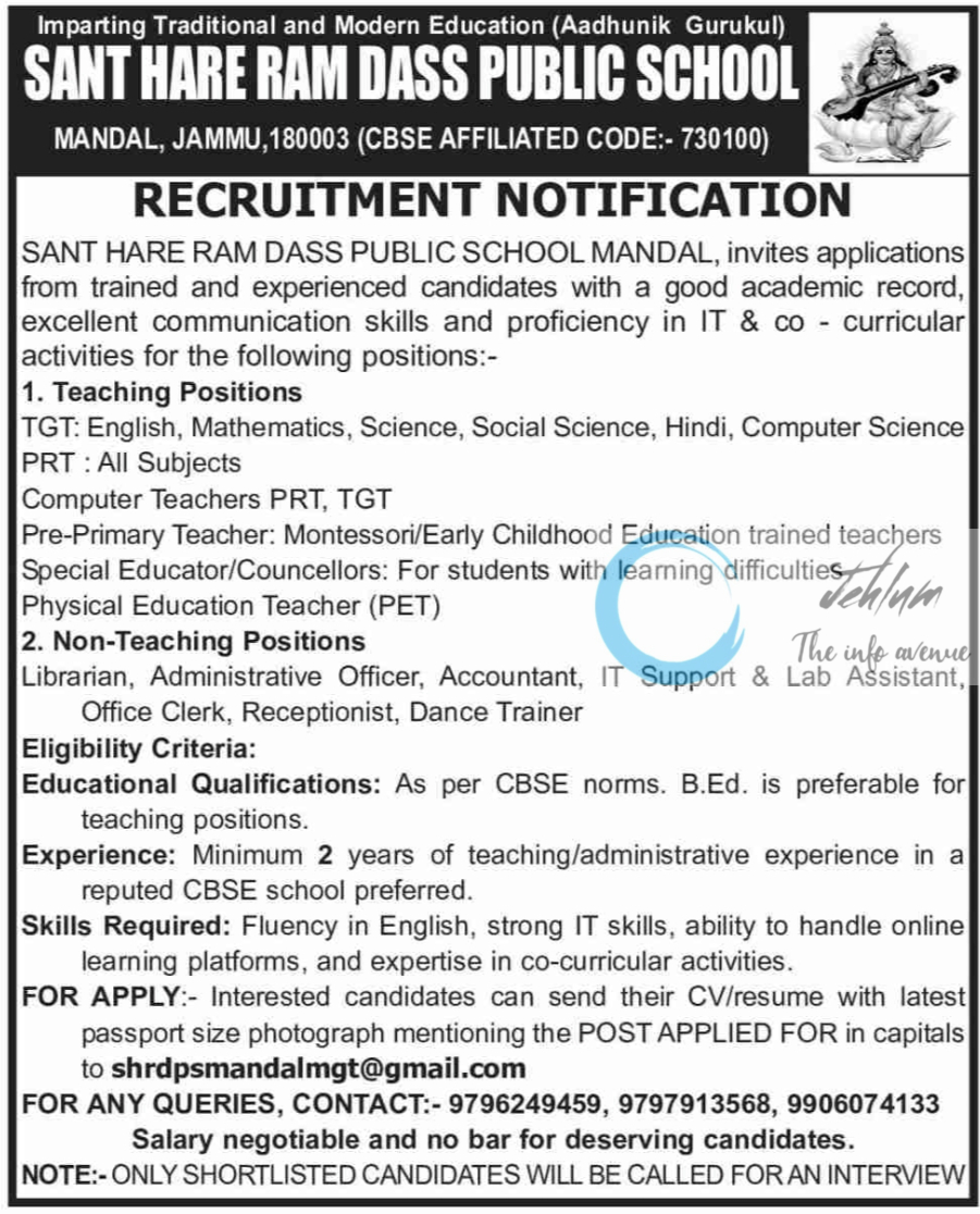 SANT HARE RAM DASS PUBLIC SCHOOL JAMMU RECRUITMENT NOTIFICATION 2025