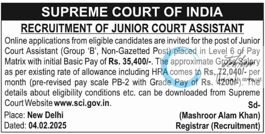 SUPREME COURT OF INDIA JUNIOR COURT ASSISTANT RECRUITMENT ADVT NOTIFICATION 2025