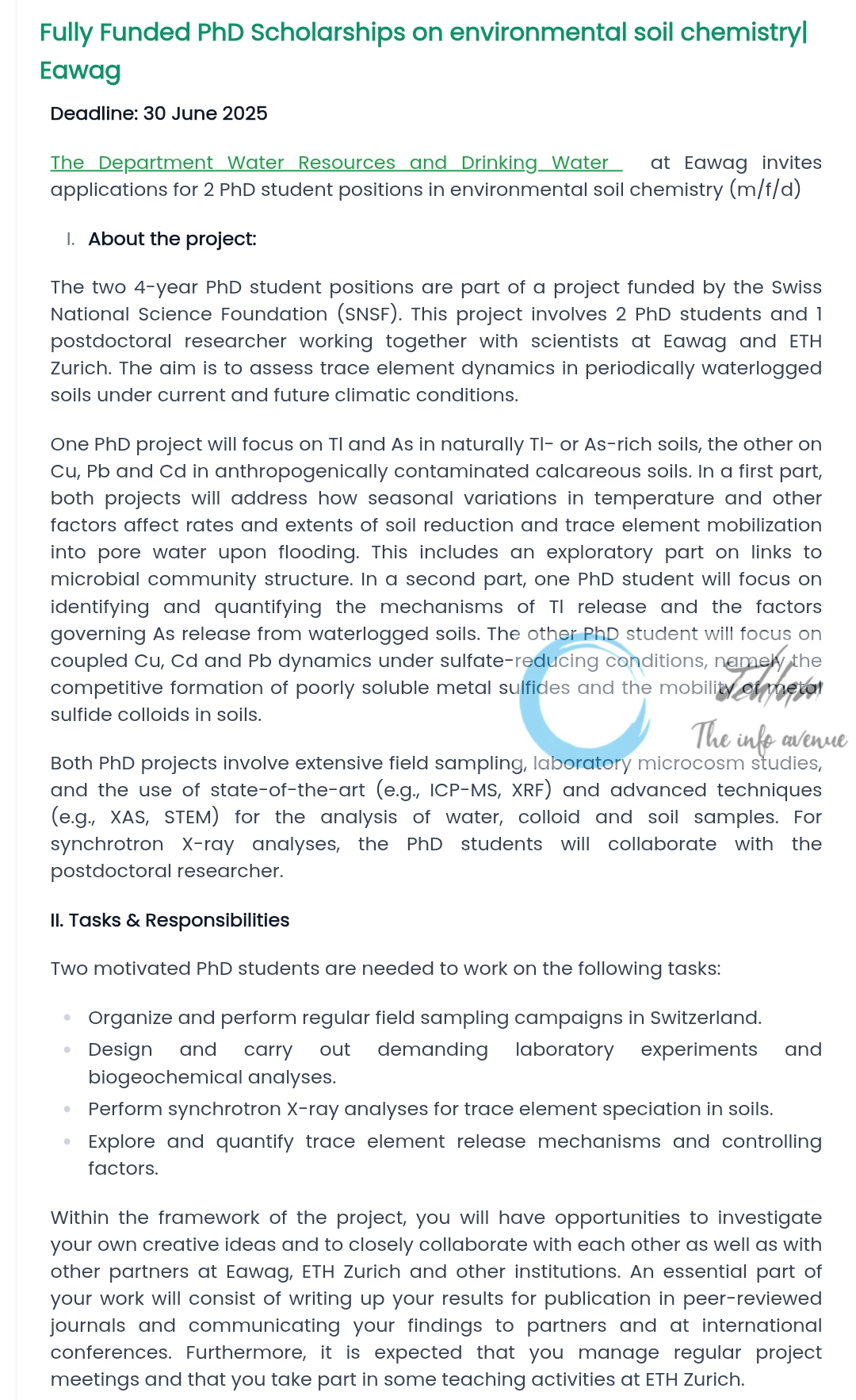 Eawag Switzerland Deptt of Water Resources and Drinking Water PhD Scholarships on Environmental Soil Chemistry 2025