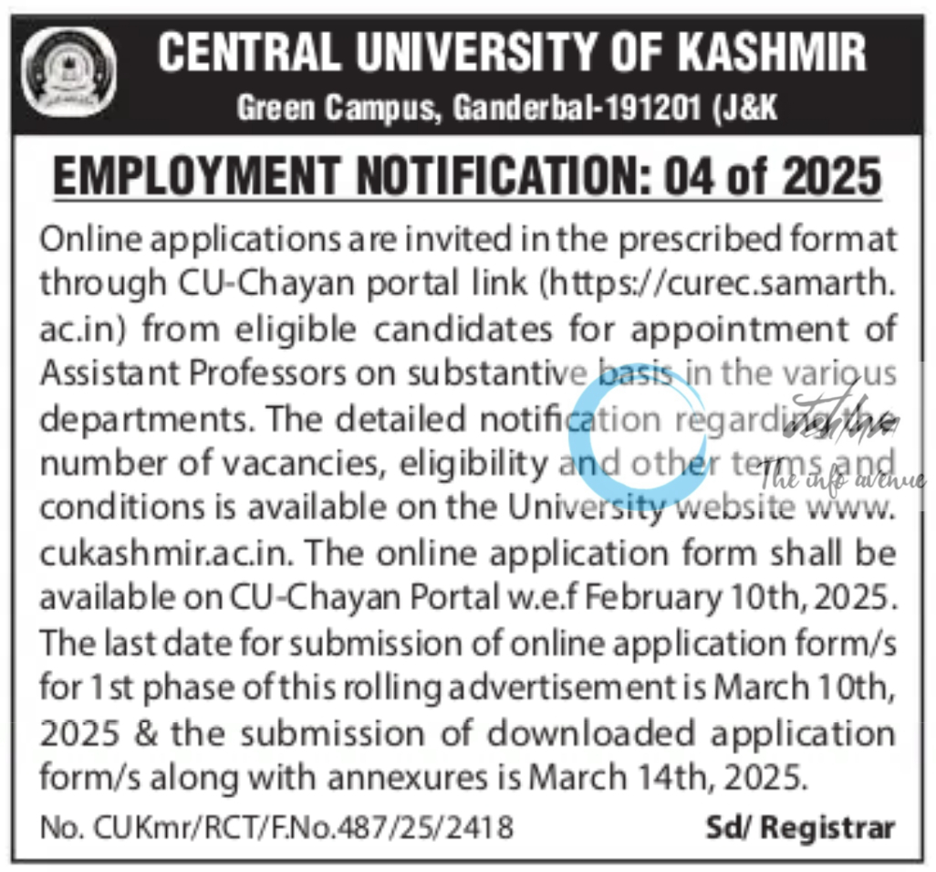 CENTRAL UNIVERSITY OF KASHMIR EMPLOYMENT NOTIFICATION 04 OF 2025