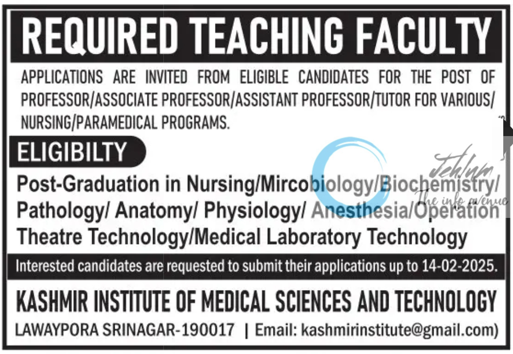 KASHMIR INSTITUTE OF MEDICAL SCIENCES AND TECHNOLOGY SRINAGAR TEACHING FACULTY JOBS OPENINGS 2025