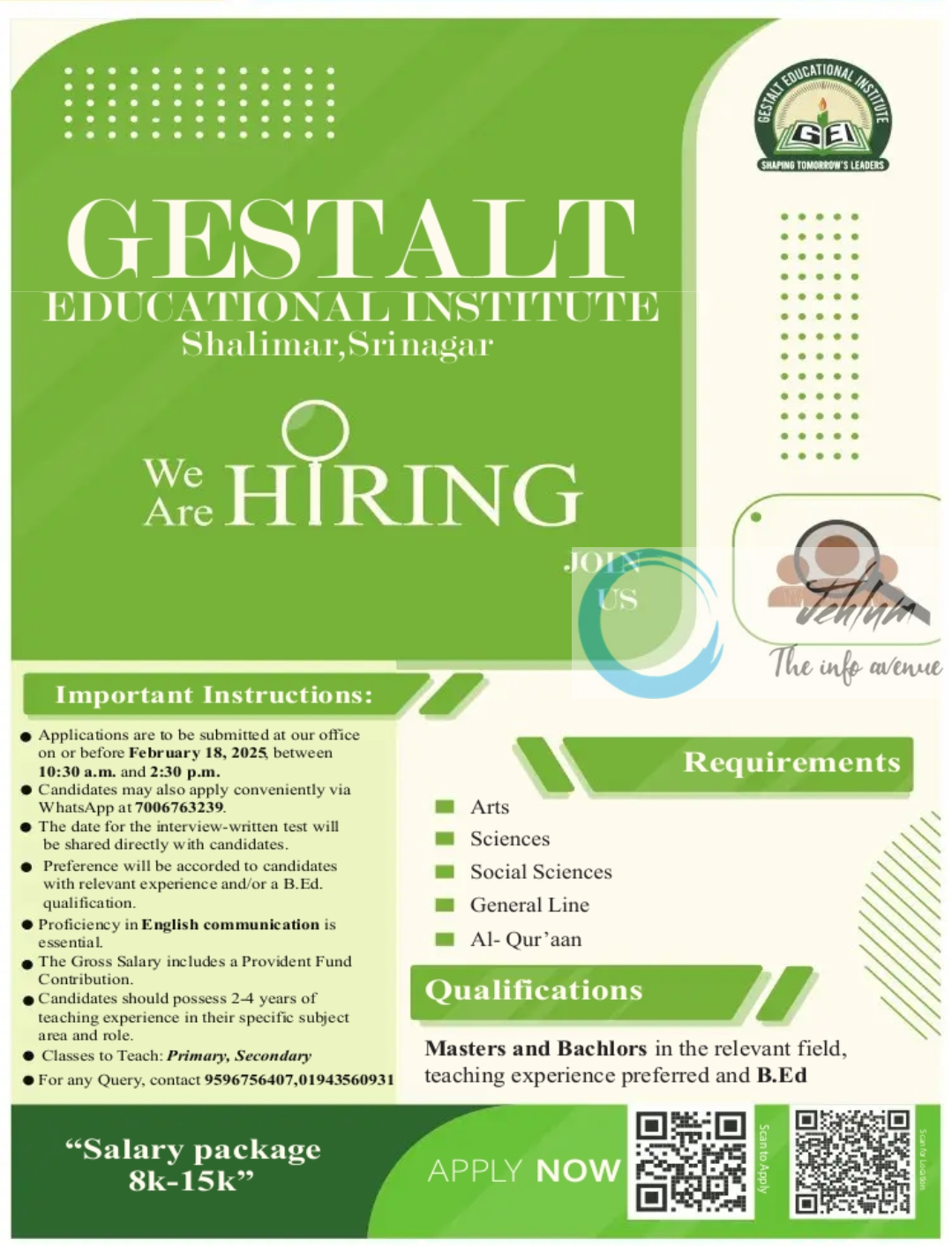 GESTALT EDUCATIONAL INSTITUTE SRINAGAR TEACHING JOBS OPENINGS 2025