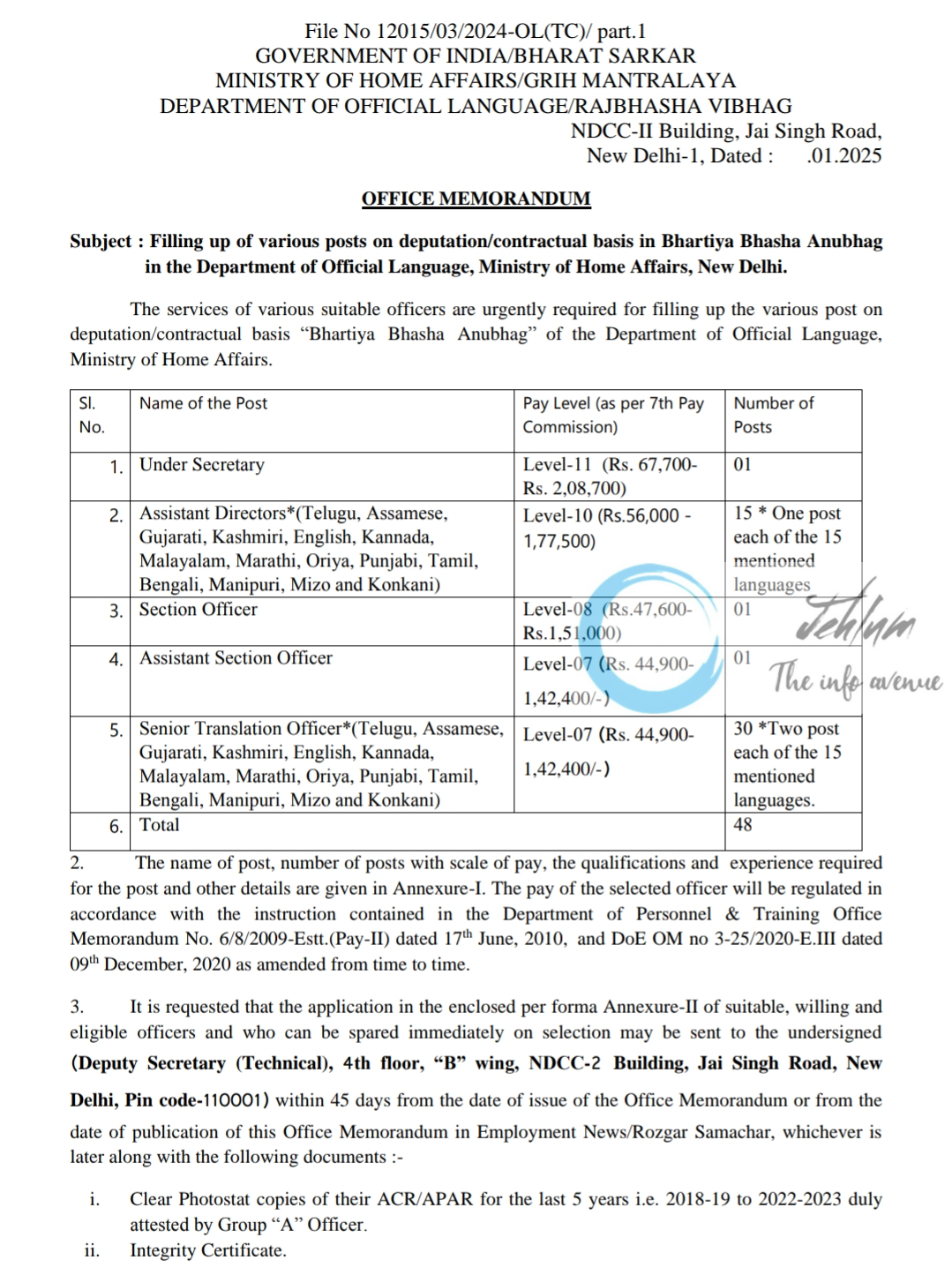 DEPARTMENT OF OFFICIAL LANGUAGE/RAJBHASHA VIBHAG RECRUITMENT ADVERTISEMENT NOTICE 12015/03/2024-OL