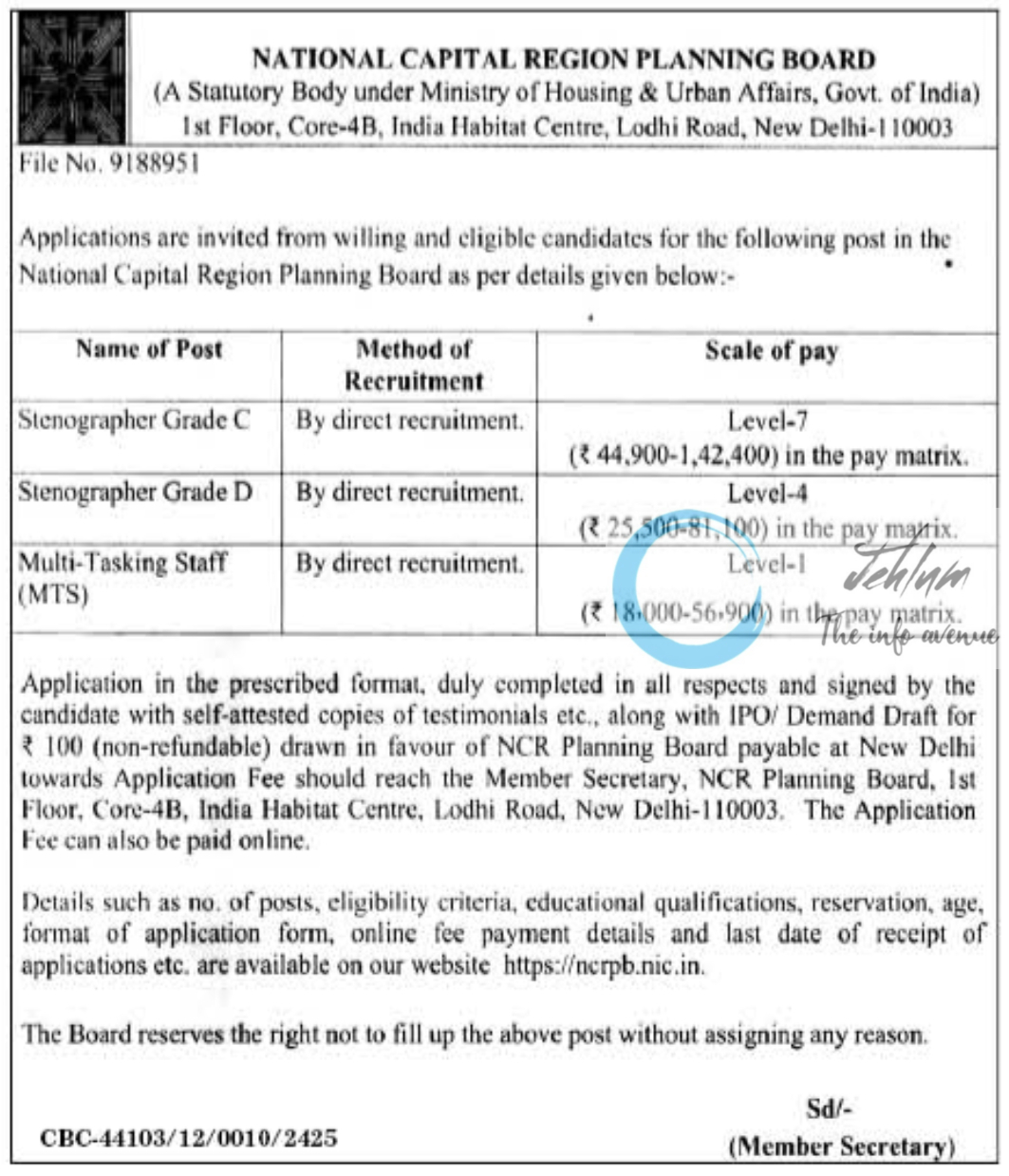 NATIONAL CAPITAL REGION PLANNING BOARD NCRPB RECRUITMENT ADVERTISEMENT 2025