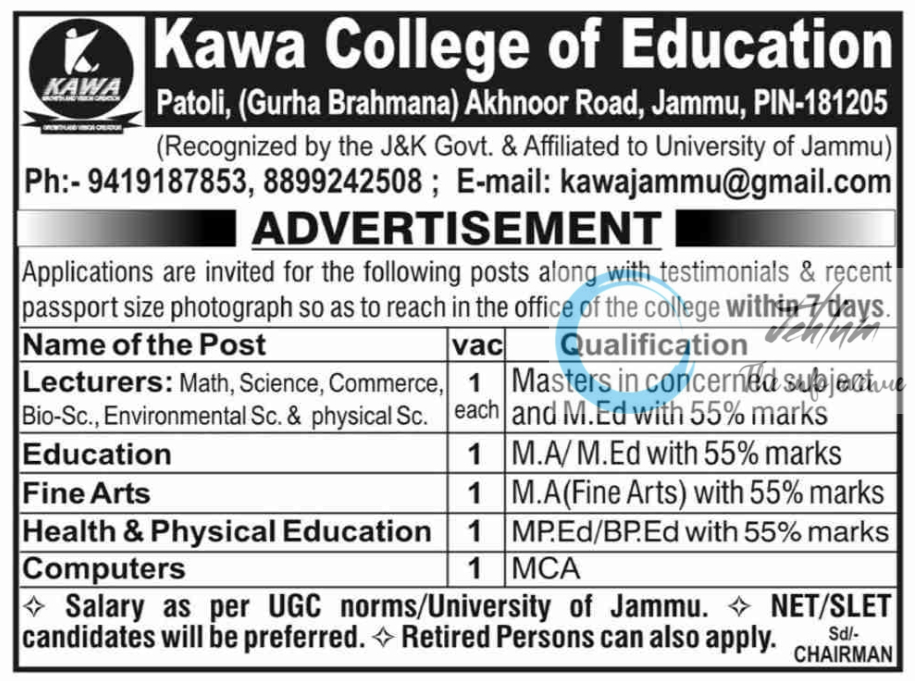 Kawa College of Education Jammu Jobs Advertisement 2025