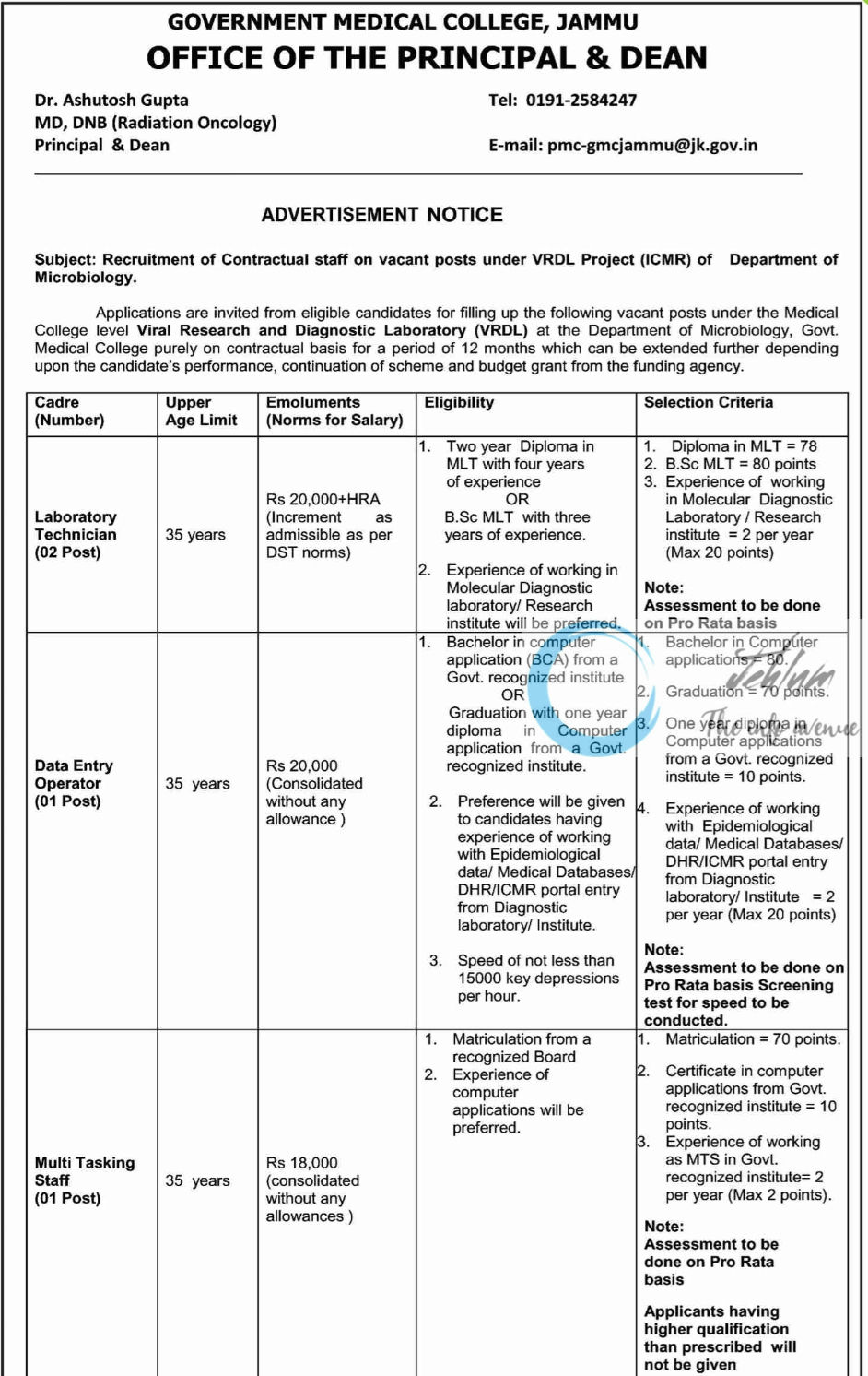 GMC JAMMU DEPTT Of MICROBIOLOGY CONTRACTUAL STAFF ADVERTISEMENT NOTICE 2025