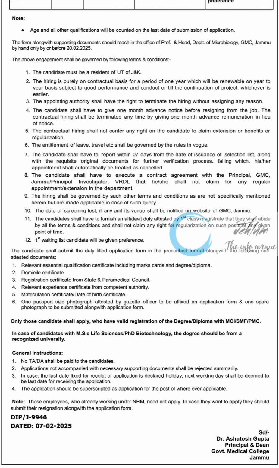 GMC JAMMU DEPTT Of MICROBIOLOGY CONTRACTUAL STAFF ADVERTISEMENT NOTICE 2025