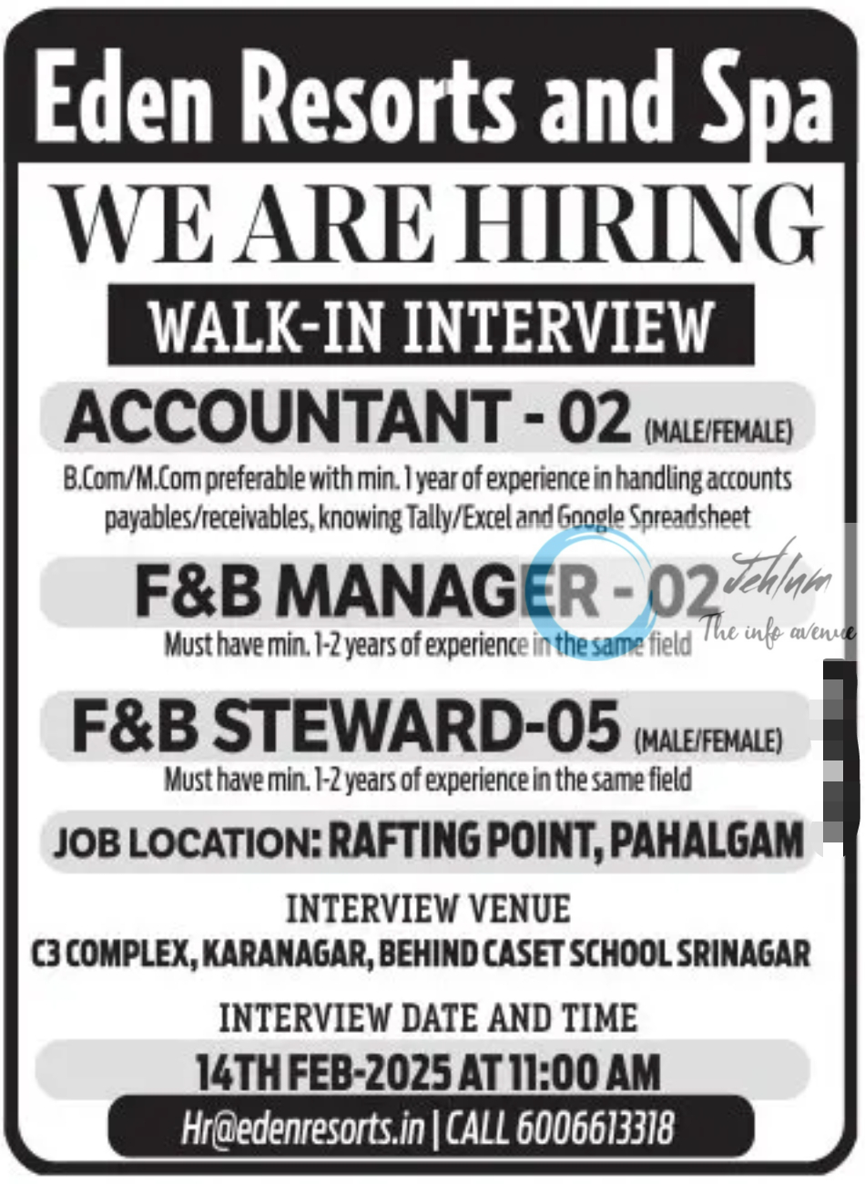 Eden Resorts and Spa Srinagar Jobs Vacancy 2025