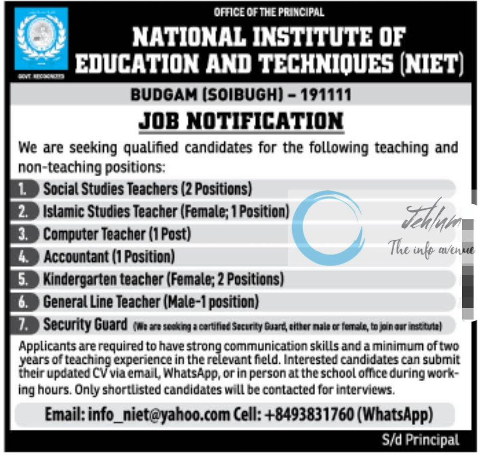 NATIONAL INSTITUTE OF EDUCATION AND TECHNIQUES NIET BUDGAM JOBS NOTIFICATION 2025