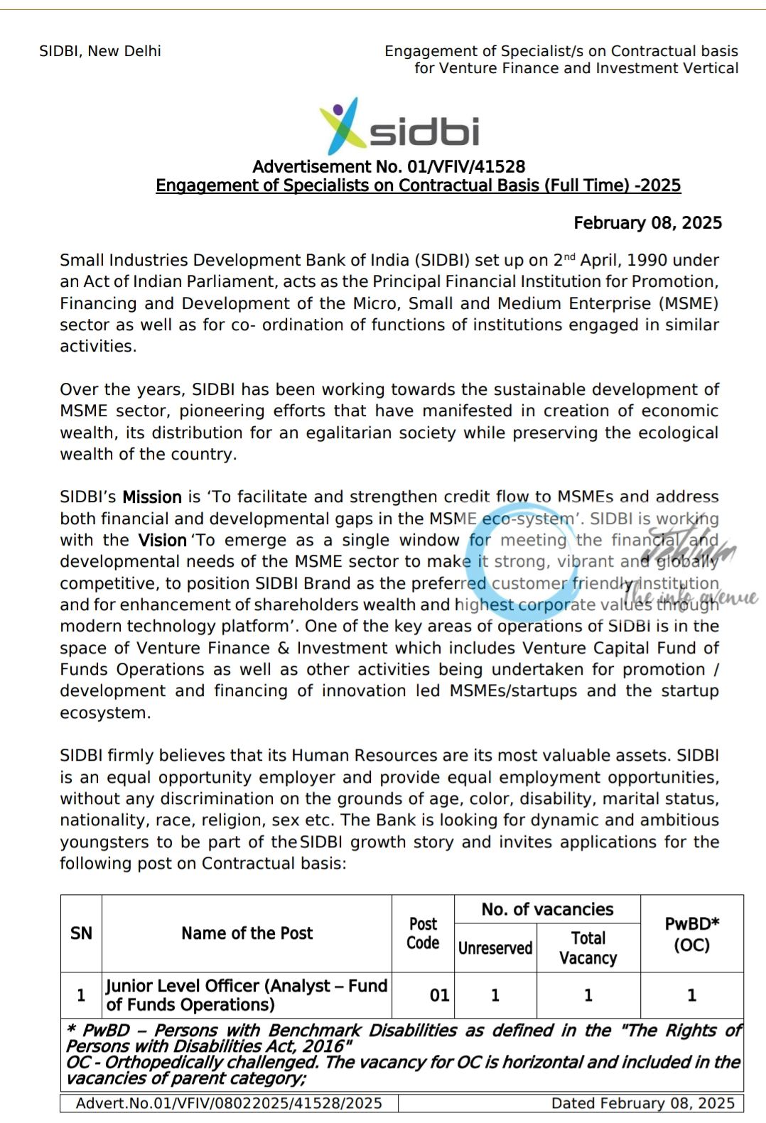 SIDBI Small Industries Development Bank of India Junior Level Officer Recruitment Advertisement No 01/VFIV/41528