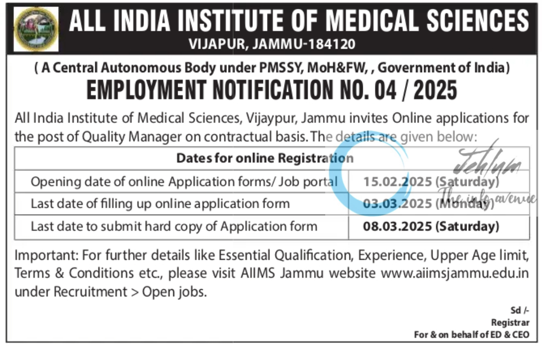 ALL INDIA INSTITUTE OF MEDICAL SCIENCES AIIMS JAMMU EMPLOYMENT NOTIFICATION NO 04 / 2025