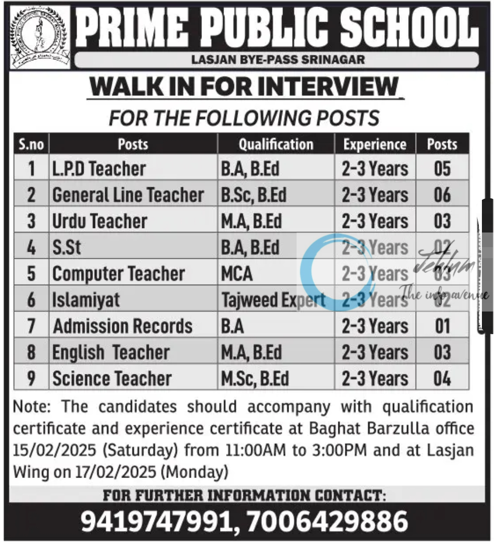 PRIME PUBLIC SCHOOL SRINAGAR WALK IN INTERVIEW NOTIFICATION 2025